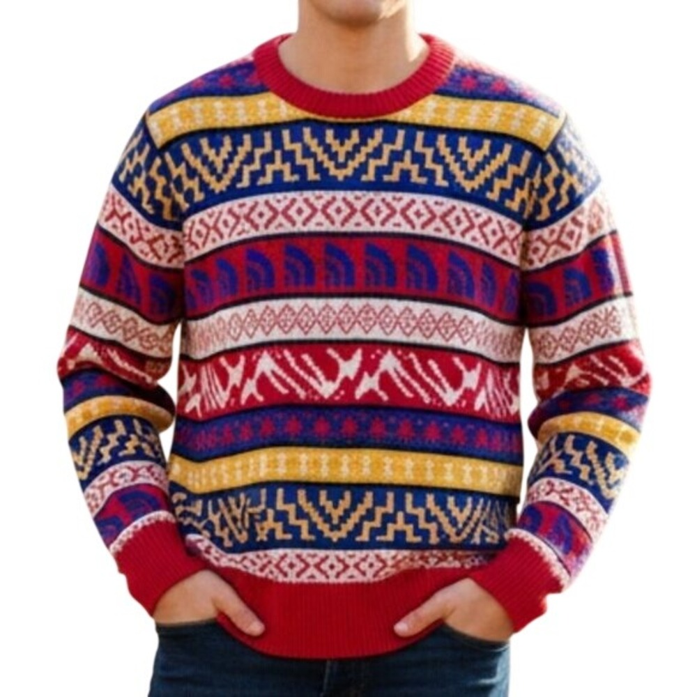 The North Face Fair Isle Sweater Mens XL Red Blue Yellow Wool Knit Pullover Ski